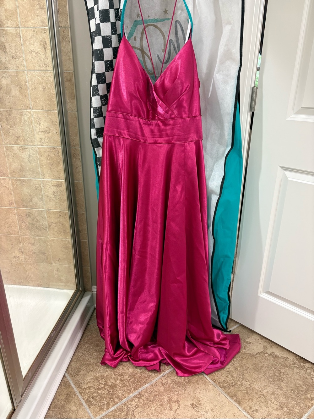 Sydney's Closet Bright Fuchsia Satin Evening Dress